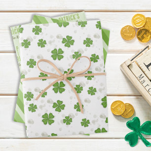 Green White Four Leaf Pattern Custom Wrapping Paper Sheet