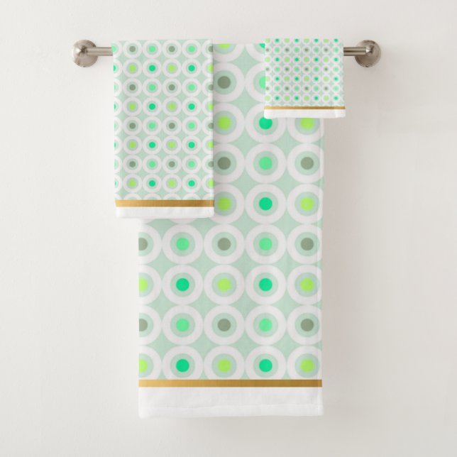 GREEN WHITE GEOMETRIC CIRCLES  BATHROOM TOWEL SET (Insitu)