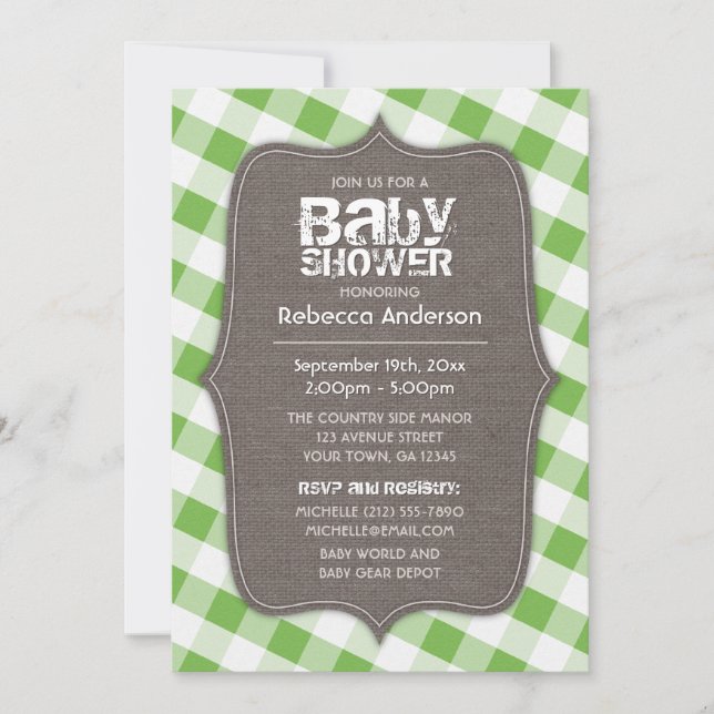 Green & White Gingham Canvas Baby Shower Invitation (Front)