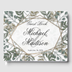 Green White Gold Botanical Leaf Wedding Guest Book