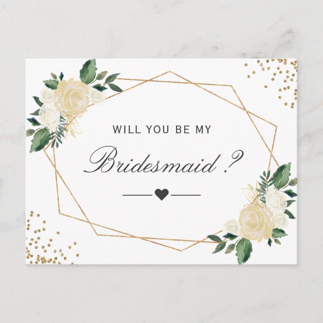 Green White Gold Floral Be My Bridesmaid Proposal Invitation Postcard (Front)