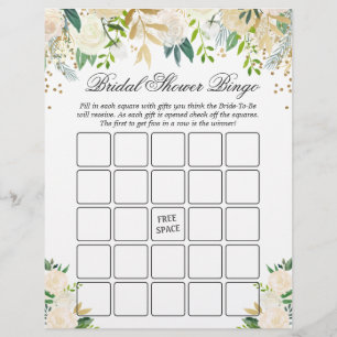 Green White Gold Floral Bridal Shower Bingo Game Flyer