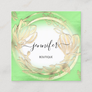Green White Gold Floral QRCode Logo Square Business Card