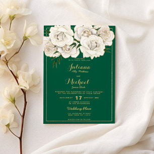 Green white gold glitter roses floral Wedding  Invitation