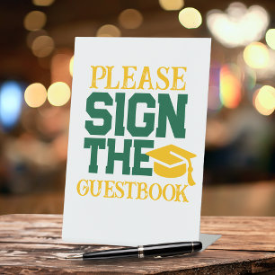 Green, White & Gold Guestbook Graduation Table Pedestal Sign