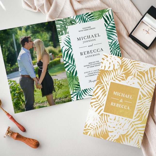 Green White Gold Palm Leaves Wedding Invitation (Creator Uploaded)