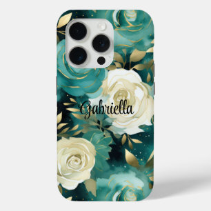 Green White Gold Rose Floral iPhone 15 Pro Case