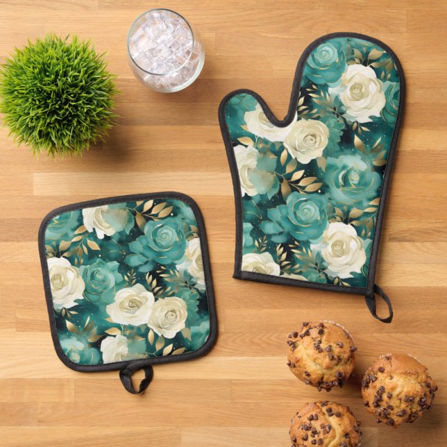 Green White Gold Rose Floral Oven Mitt & Pot Holder Set (Top Down)