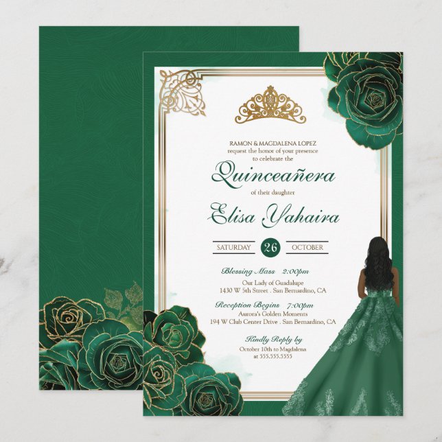 Green White Gold Roses Royal Elegant Quinceanera Invitation (Front/Back)