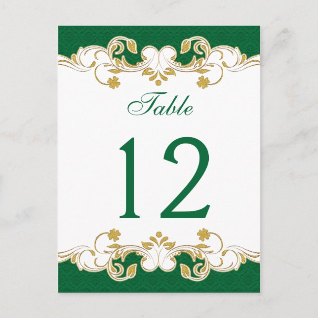 Green, White, Gold Scrolls Table Number Card (Front)