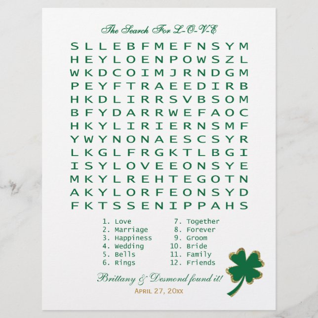 Green White Gold "Search for Love" Wordsearch Game (Front)