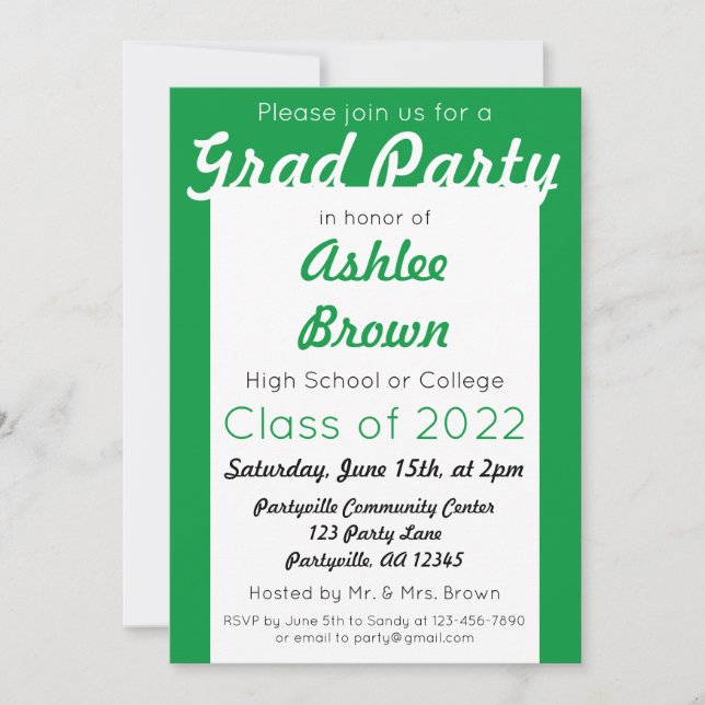 Green White Grad Party Bold Graduation Invitation (Front)