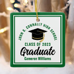 Green White Graduate 2025 Personalised Christmas Ceramic Ornament<br><div class="desc">This modern green and white custom graduate Christmas ornament feature classy typography of your university or college name for the class of 2025. Customise with your graduating year next to the chic handwritten script and black grad cap for a great personalised congratulations graduation gift.</div>