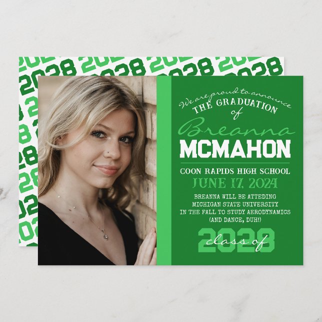 Green & White Graduation Photo Announcement ( Repeating Class Year 1 & 2 Photo Graduation Invitations & Announcements)