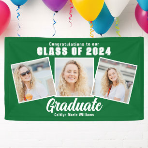 Green White Graduation Photo Collage 2025 Party Banner