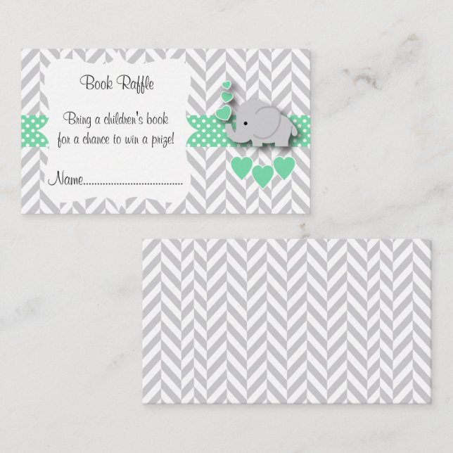 Green, White Grey Elephant Baby Shower Book Raffle Enclosure Card (Front/Back)