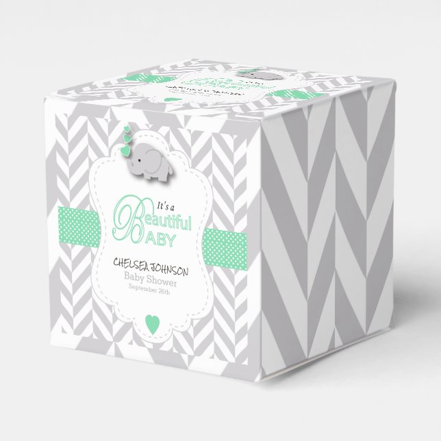 Green, White Grey Elephant Baby Shower Favour Box (Front Side)