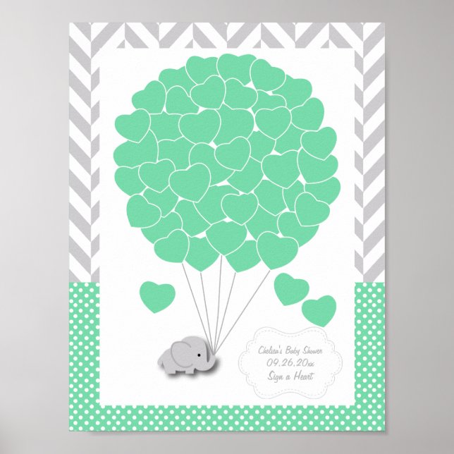 Green, White Grey Elephant Baby Shower  - Guest Poster (Front)