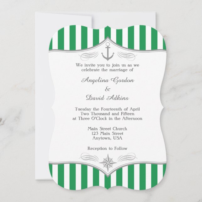 Green White Grey Nautical Wedding Invitation (Front)