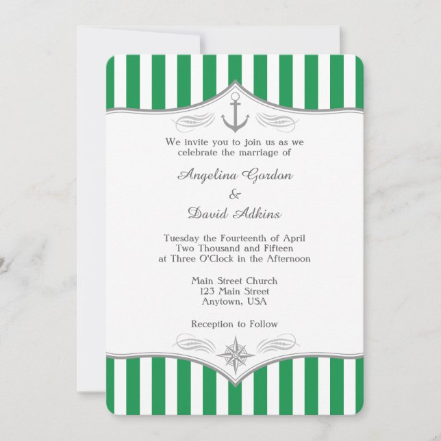 Green White Grey Nautical Wedding Invitation (Front)