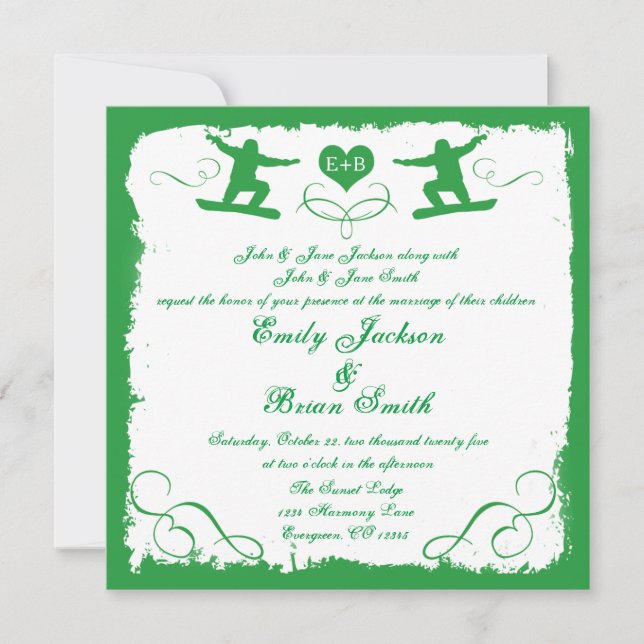 Green white grunge snowboarder wedding invitation (Front)