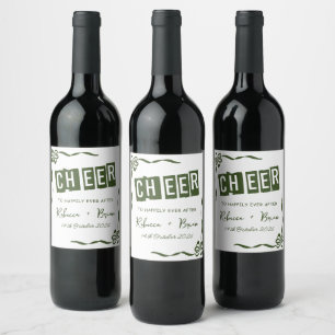 Green & White Hand Drawn Bow Sketch Wedding Wine Label