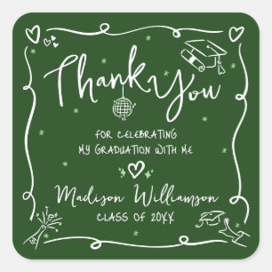 Green White Hand Drawn Doodle Graduation Thank You Square Sticker