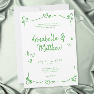 Green White Hand Drawn Heart Whimsical Wedding  Invitation