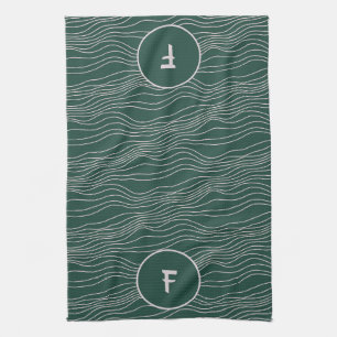 Green White hand drawn wavy line monogram dish Tea Towel