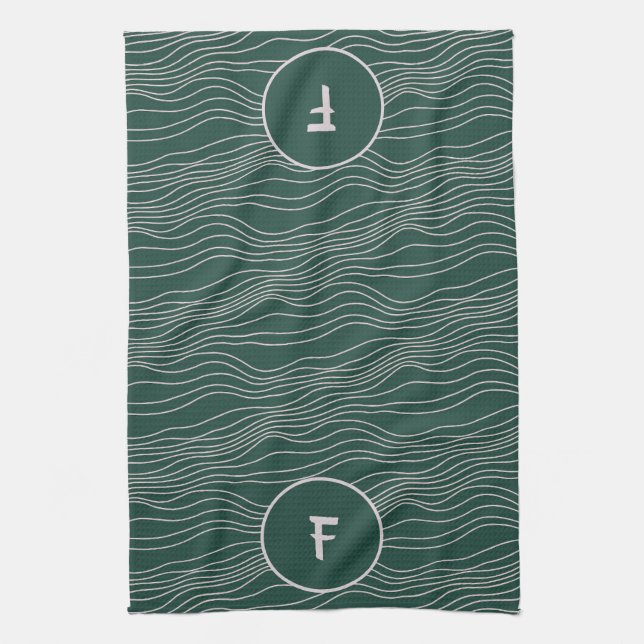 Green White hand drawn wavy line monogram dish Tea Towel (Vertical)