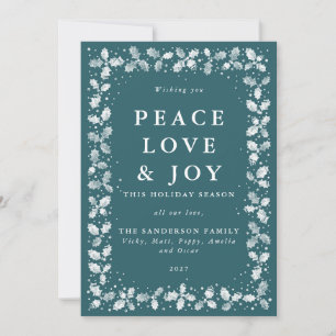 Green+White Hand Printed Holly Leaves Border Flat Holiday Card