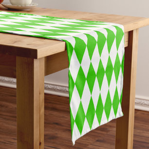 Green White Harlequin Diamonds Checkers Design  Short Table Runner