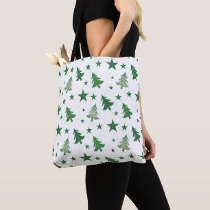 GREEN & WHITE HOLIDAY CHRISTMAS TREES TOTE BAG