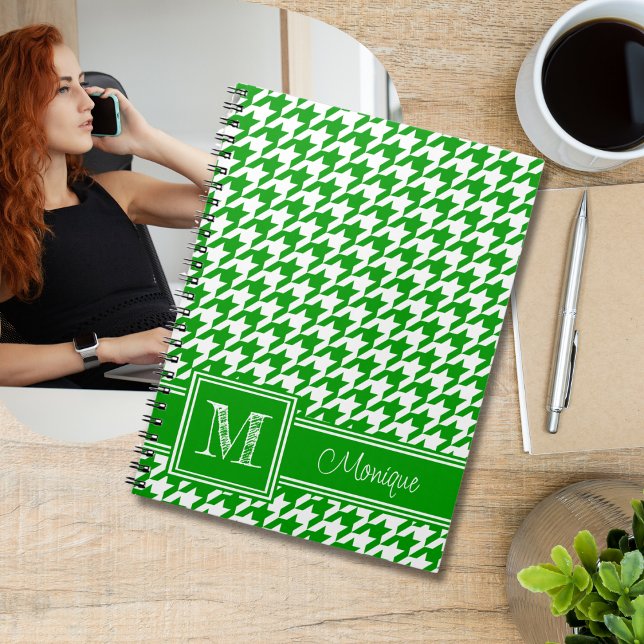 Green White Houndstooth | Modern Monogram Notebook (Creator Uploaded)