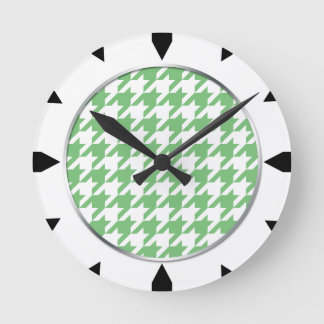 Green & White Houndstooth Round Wall Clock