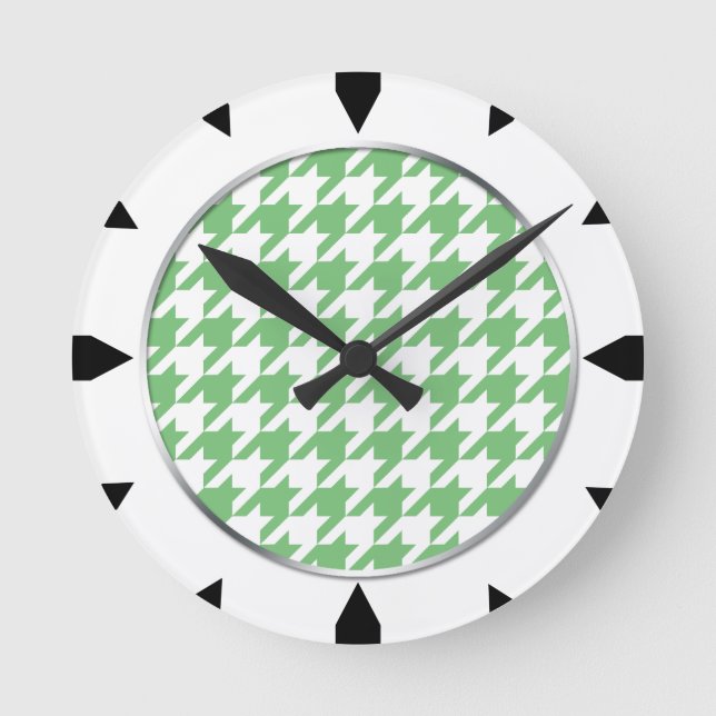 Green & White Houndstooth Round Wall Clock (Front)