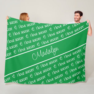 green white I love soccer text pattern Fleece Blanket