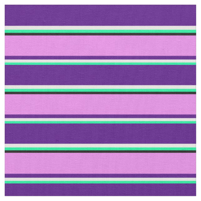 Green, White, Indigo, Violet & Black Stripes Fabric (Close Up)