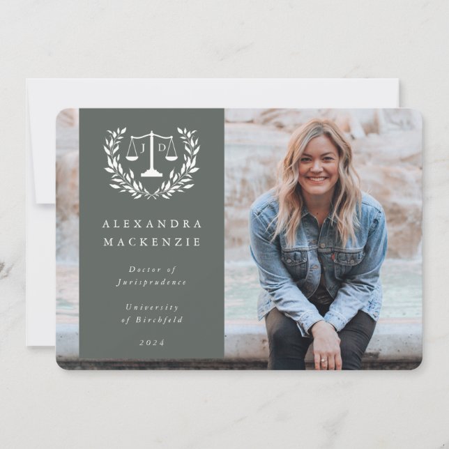 Green + White JD Law Scales Laurel Wreath Photo Announcement (Front)