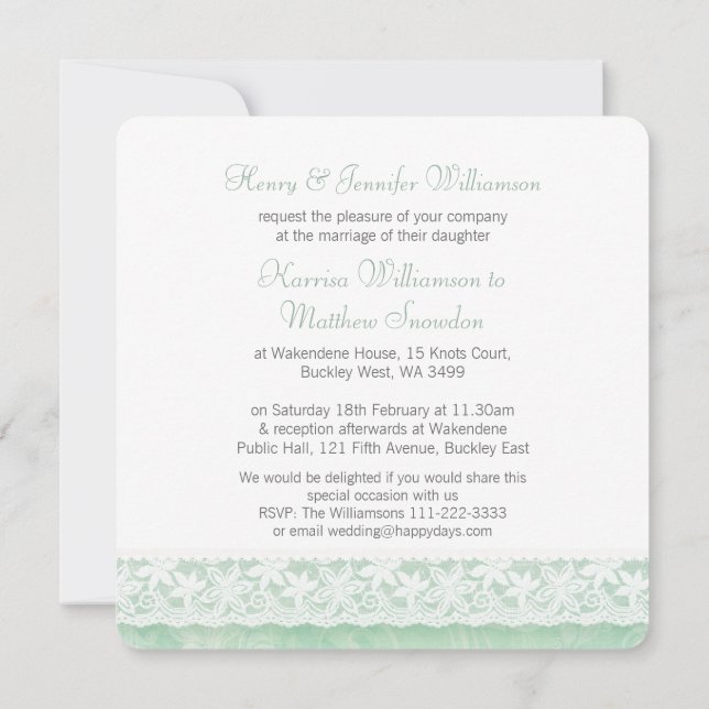 Green white lace wedding brides parents invitation (Back)