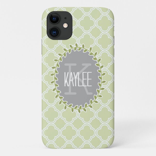 Green White Lattice Pattern Monogrammed Vine Case-Mate iPhone Case (Back)