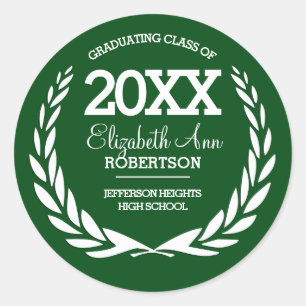 Green White Laurel Wreath Graduation Classic Round Sticker