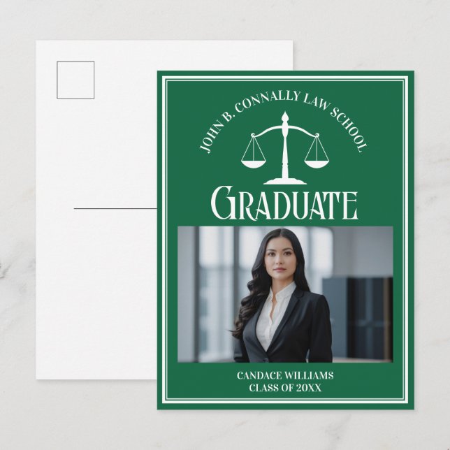 Green White Law School Photo Graduation Announcement Postcard (Front/Back)