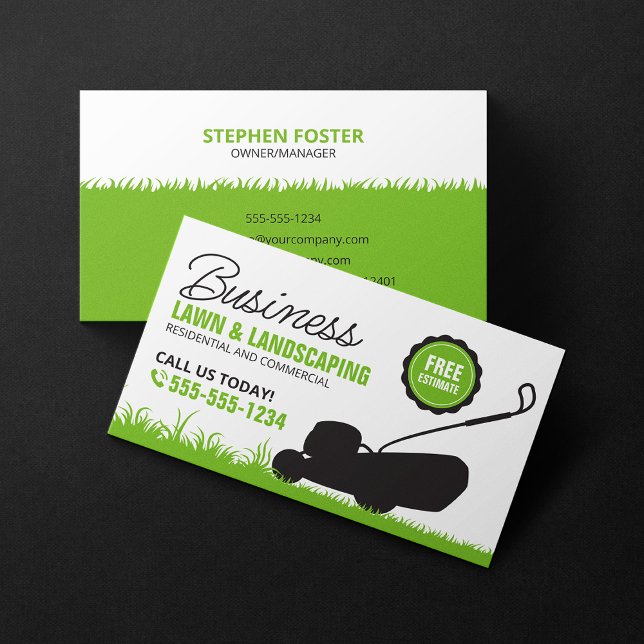 Green white Lawn Landscaping Service Lawncare Mow Business Card (Creator Uploaded)