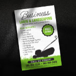 Green white Lawn Landscaping Service Lawncare Mow Flyer<br><div class="desc">This eye-catching flyer design is perfect for any lawn care or landscaping business seeking a classic and professional look. The simple yet impactful design features a silhouette of a lawnmower against a green grass background, instantly conveying your services to potential clients. Key features: Clear and concise messaging: The design highlights...</div>