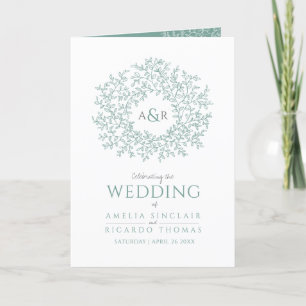 Green white leaf monogram art two tone wedding programme