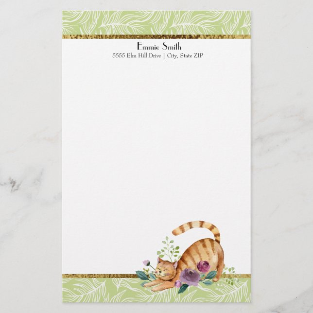 Green White Leaves and Gold Tiger Cat Stationery (Front)