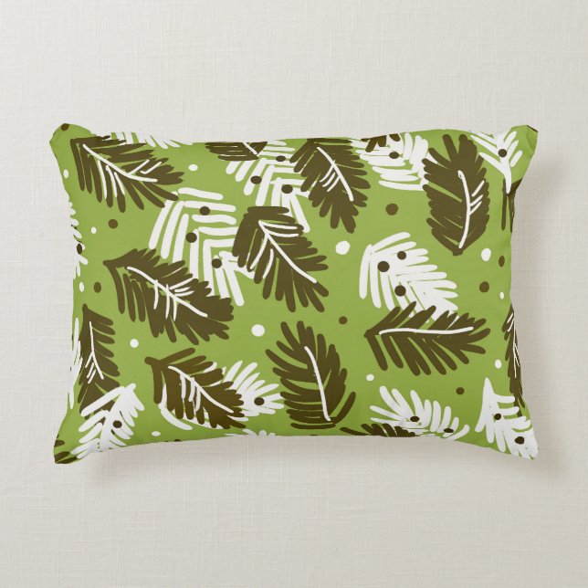 Green White Leaves: Coniferous Pattern Decorative Cushion (Front)