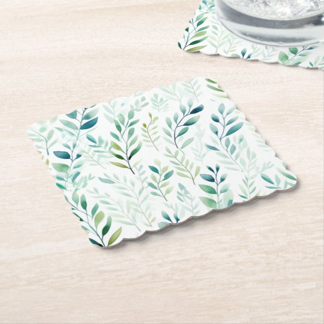 Green White Leaves Paper Coaster (Angled)