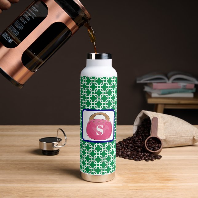 Green White Link Pattern Pink Bermuda Bag Purse Water Bottle (Coffee)